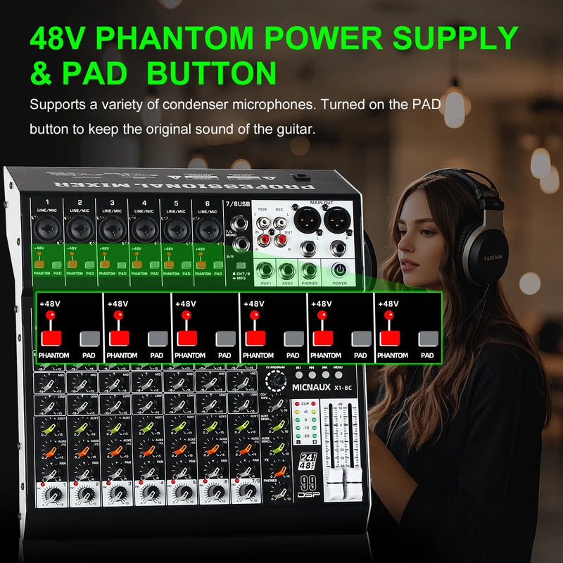 FULUODE X1-8C Audio Mixer 8-Channel Professional Mixer Console with 99 DSP Effects Mixing Board DJ Mixer with USB Bluetooth 48V