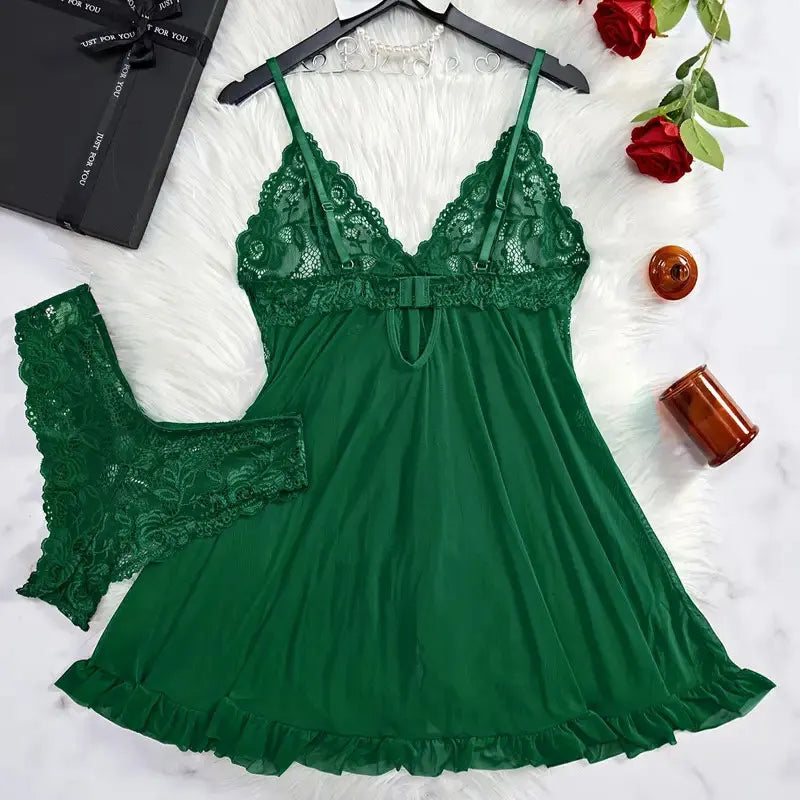 Lace G-string Set Women Lingerie Pajama Kit Transparent Crotchless Dress Mini Underpants Nightwear Set Big Size Female Underwear