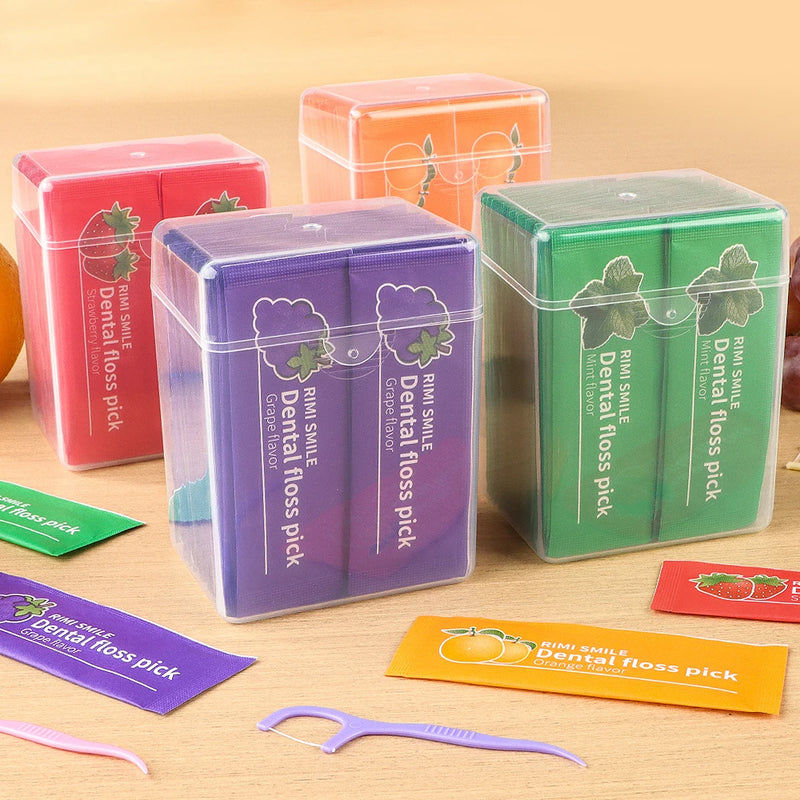 4 Fruit Flavors Individually Wrapped Dental Floss Picks, Mint Strawberry Orange Grape Disposable Floss Sticks, Smooth Flexible