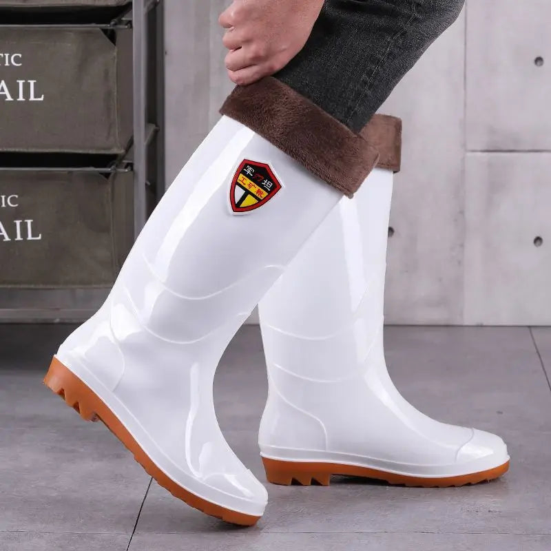 Men White Rain Boots Knee High Mid Calf Rubber Waterproof Winter Warm Outdoor Garden Fishing Work Shoes
