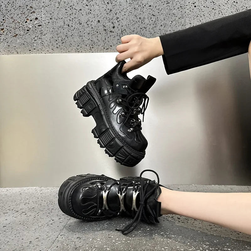 2025 Summer New Spanish Ladies Retro Contrasting Color Punk Style Muffin Heightening Platform Shoes Rock Motorcycle Boots Women