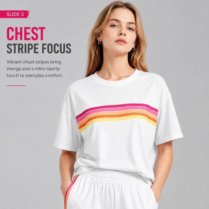 2 Piece Women's Short Set Short Sleeve Crew Neck T Shirt and Elastic Waist Shorts Retro Rainbow Striped Casual Lounge Wear Matching Outfit Relaxed Fit with Curved Hem Side Split for Streetwear Vacation Summer