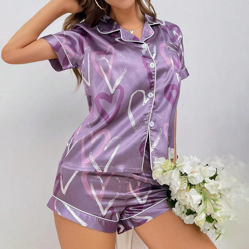 Women's Pajama Pj Set Heart Print Satin Pyjama Casual | SAMAG