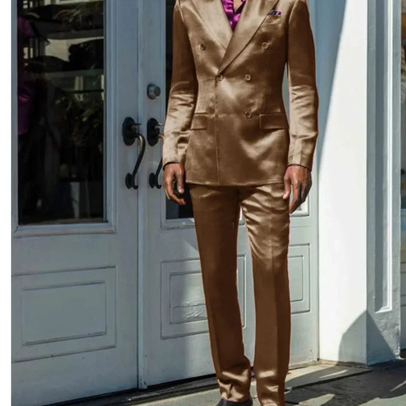 Fashionable Men Suits Satin 2 Piece Jacket Pants Sets High Quality Prom Party Blazer Double Breasted Peak Lapel Male Clothing