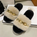Fluffy Women's Slippers Home Winter Chain Luxury Designer Woman Shoes Plush Indoor Casual Platform Fuzzy Fur Slides Elegant New