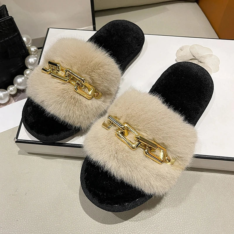 Fluffy Women's Slippers Home Winter Chain Luxury Designer Woman Shoes Plush Indoor Casual Platform Fuzzy Fur Slides Elegant New