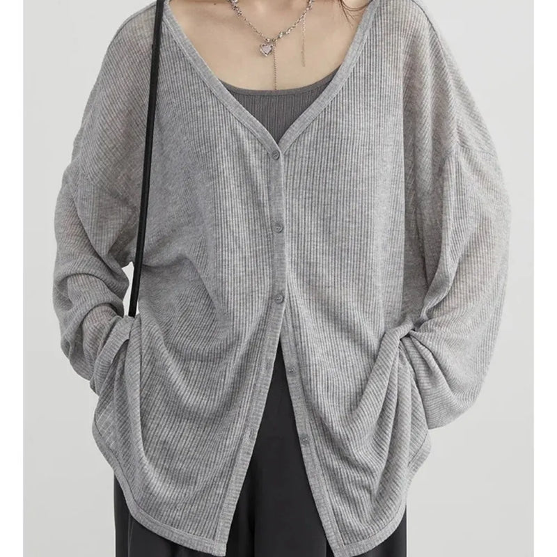 Women's Casual V-Neck Long Sleeve Cardigan, Lightweight Sun Protection Knit Outerwear, Lazy Style Cover Up for All Seasons
