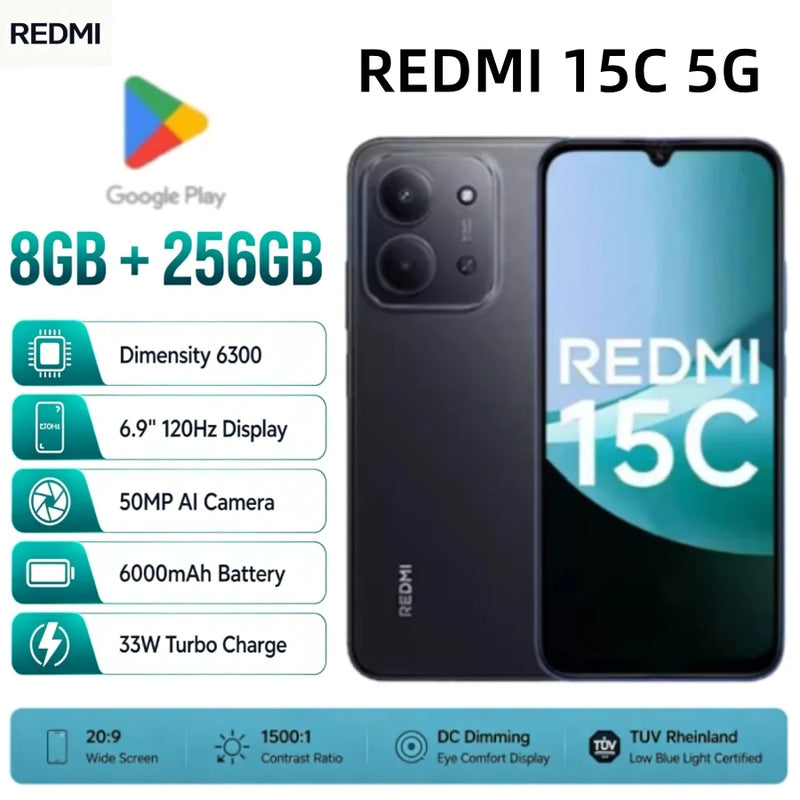 2026 new Redmi 15C 5G 8GB+256GB Smartphone, Dimensity 6300, 120Hz Display, 50MP AI Camera, 6000mAh Battery, 33W Turbo Charge
