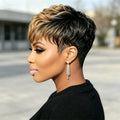 Pixie Cut Wig Full Machine Made Witg Bangs Black Blonde Curly Layer Real Human Hair Wig For Women Females Daily Gathering Wear