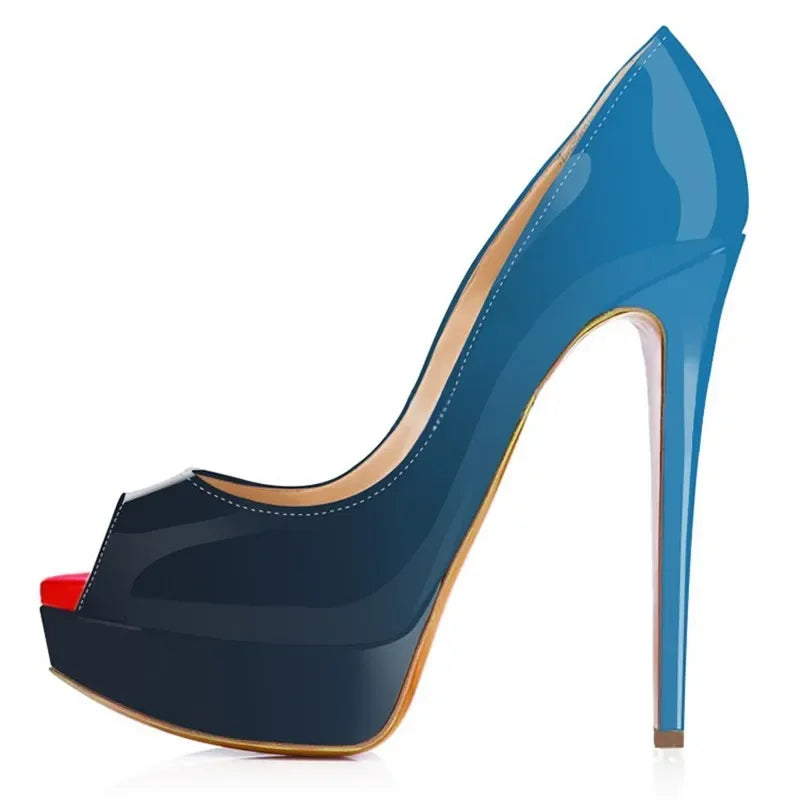 Women Stilettos Sexy Pumps 14cm Extremely Platform Peep Toe High Heels Patent Leather Party Nighclub Dress Red Wedding Shoes