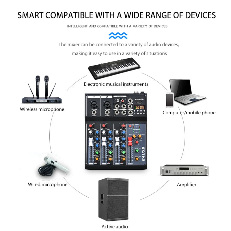 Professional 4-Channel Built-in Bluetooth Reverb Effect Stage Performance Home Mini Sound Mixer Controller