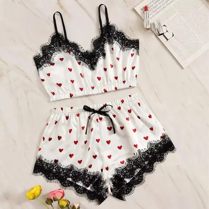 Pajama Suit Women Fashion V-Neck Stretch Satin Lace Sexy | SAMAG