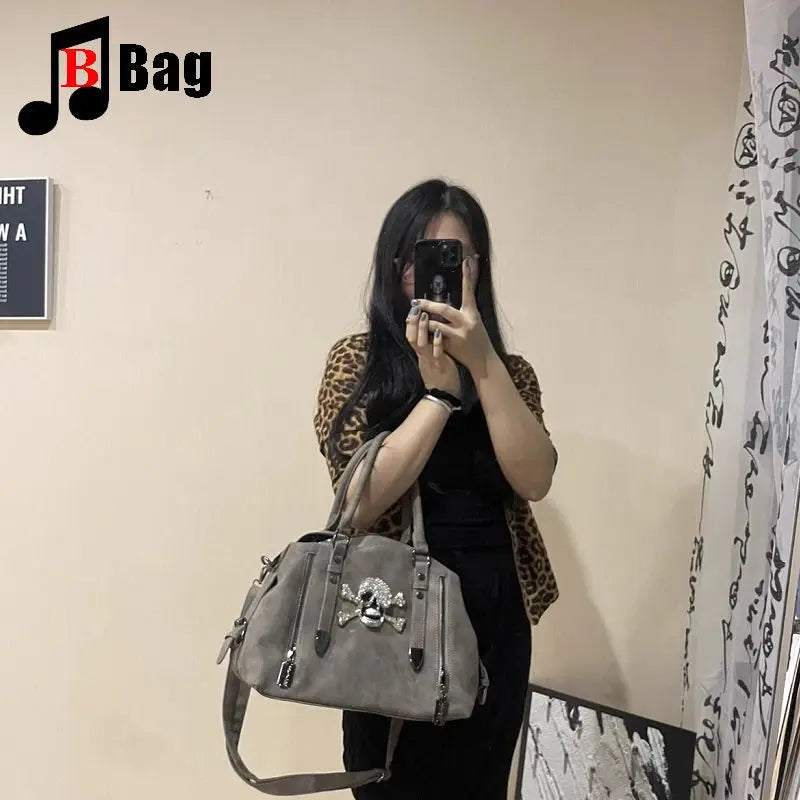 Y2K Gothic Women's Girls Punk Harajuku Handbag Skull Head Bright Diamond Large Capacity Fashionable One Shoulder Crossbody Totes