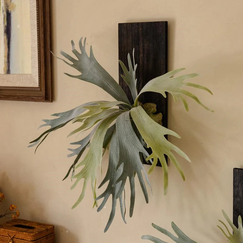 Artificial Tropical Plant Wall Hanging Decoration Antler Fern Green Plant Landscape Display Furnishings Home Decor, Wooden Frame