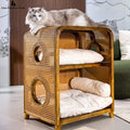 Double-Layer Wicker & Solid Wood Cat Bed for Cats and Small Dogs, Semi-Enclosed Large Cat Sofa, Indoor Pet Nest, Cat House