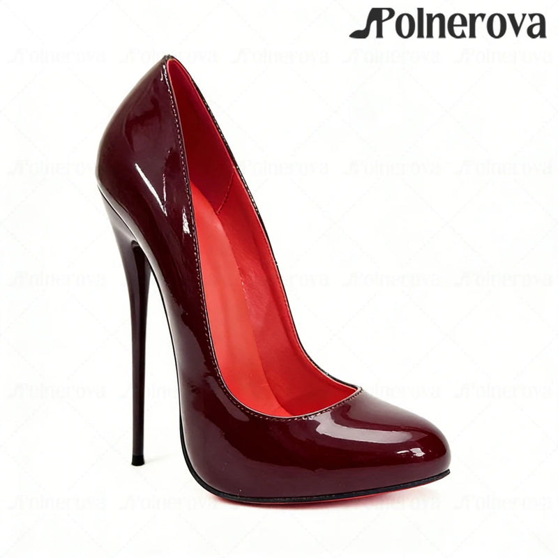 16cm Brown Patent PU Leather Pumps Sexy Style Sliop on Round Toe High Heels Ultimate Lacquered Heel Pumps Women's Daily Footwear