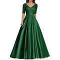 A Line Women Evening Dresses Satin Appliques V Neck Prom | SAMAG
