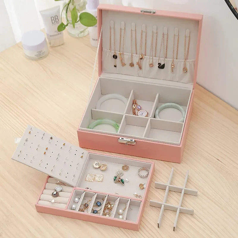 Double-layer Jewlery Box Ring Box Jewelry Boxes with Locks, PU Leather Jewelry Storage Organizer and Makeup Case