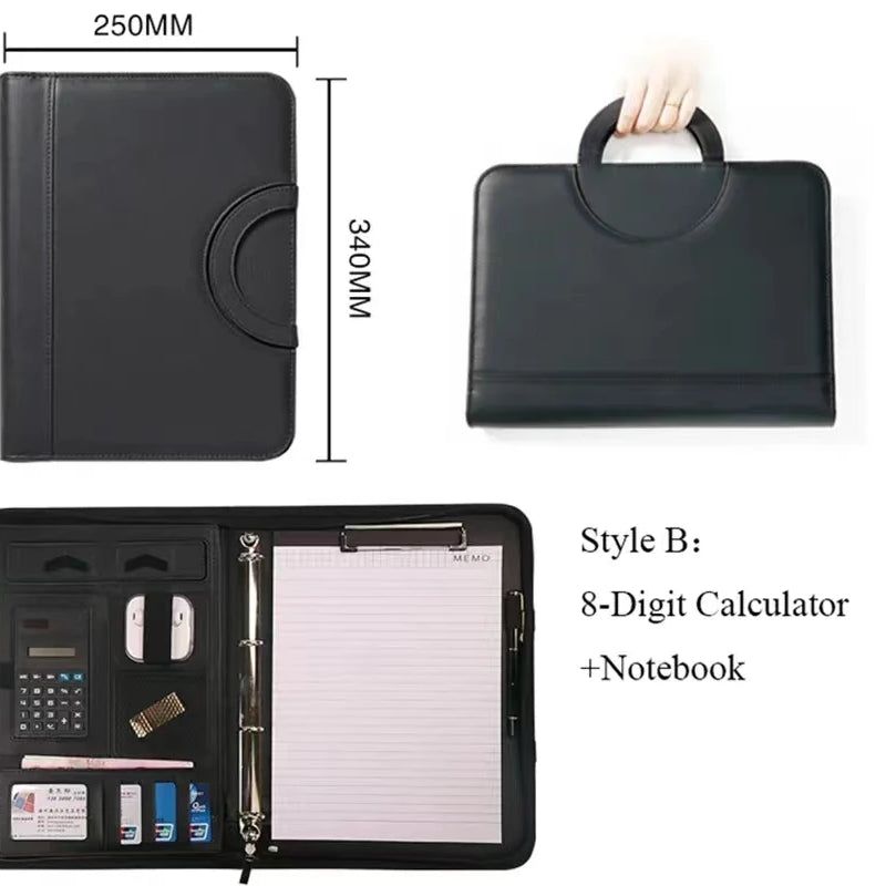 A4 Portable File Folder with Calculator Binder Organizer Manager Office Document Pad Briefcase PU Leather Padfolio Bag Customize