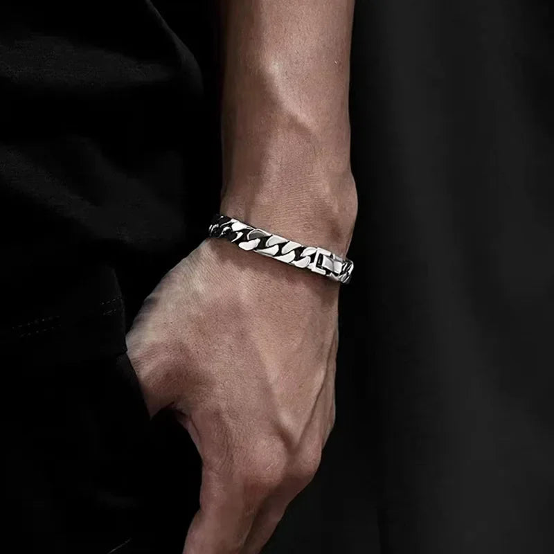 Factory Price S925 Sterling Silver Horse Whip Bracelets Crimped Cuban chain Rough Style Domineering Retro Handmade Jewelry