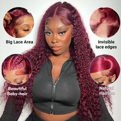 TIMOPOL 13×4 Lace Front Wigs 99J Jerry Curl Wigs For Women High Density Pre-Plucked Hairline Red Curly Human Hair Wigs
