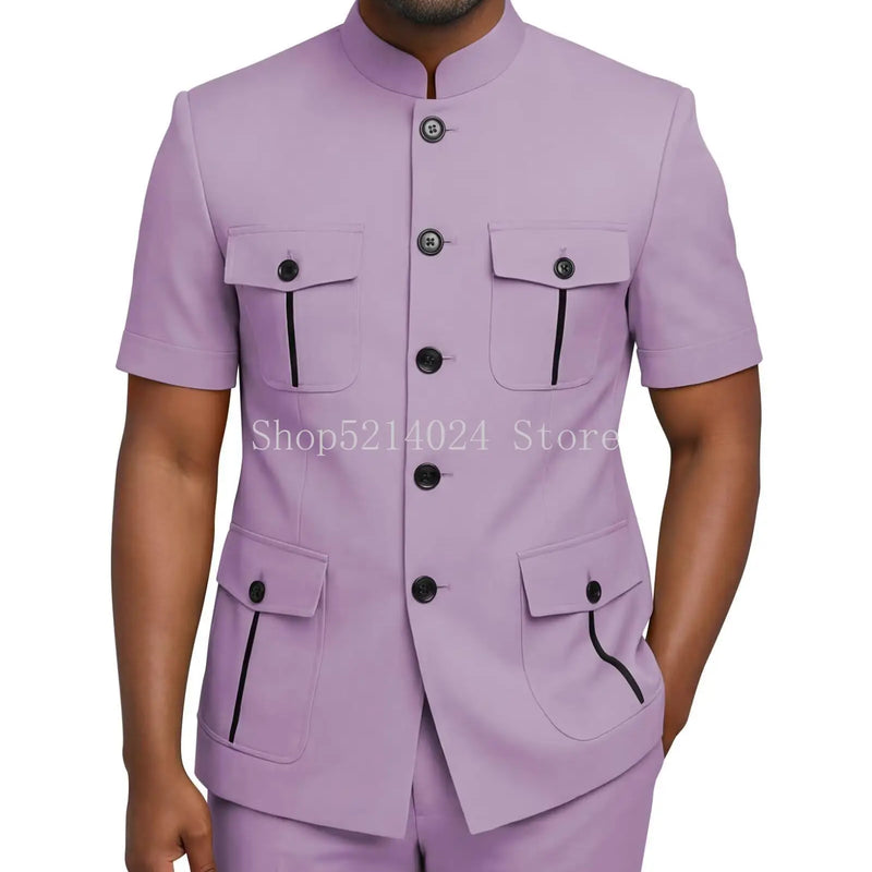 Mens Safari Suit 2 Piece Short Sleeve Suits for Men Regular Fit Stand Collar Suit African Clothes