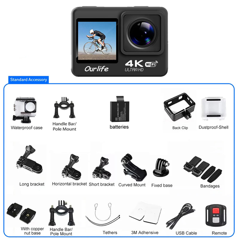 Ourlife Action Camera 4K 30FPS WiFi 30M Underwater Waterproof 170° DVR Sports Video Recording 2.0'' Screen Display Video Camera
