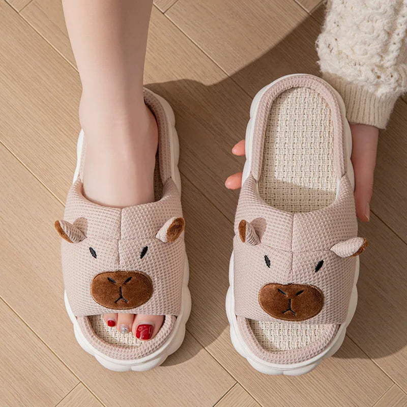 Linen Capybara Platform Women's Slippers Home New Summer Animal Designer Shoes Girls Indoor Slides Unisex Soft Non-Slip Open Toe