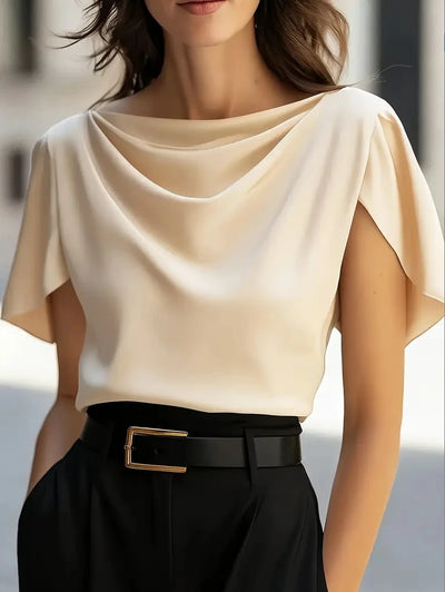 Women's Short Sleeve Cowl Neck Blouse Elegant Draped | SAMAG