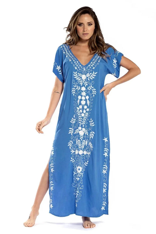Swimsuit Cover Ups Embroidery V Neck Short Sleeve Swim Cover Up for Women Kaftan Dresses