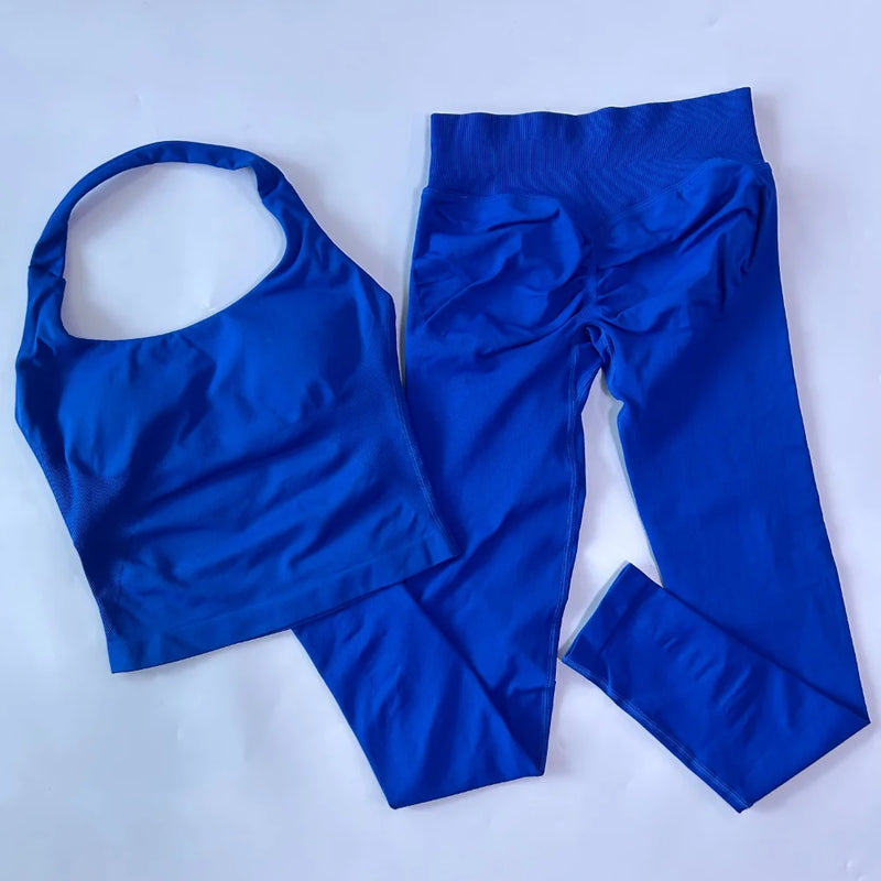 1-2pcs Gym Set Women Backless Tank Tops High Waist Scrunch Seamless Shorts High Waist Yoga Leggings Workout Sets Gym Suit
