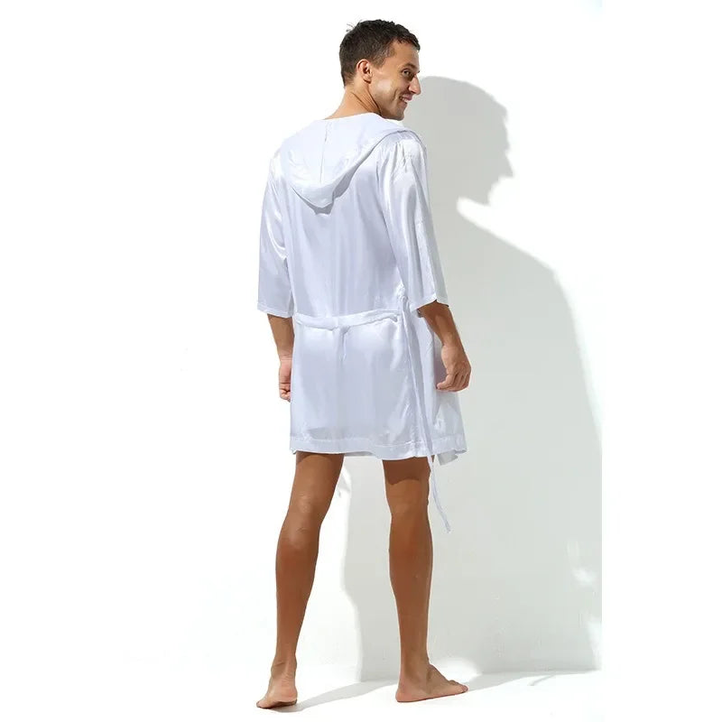 Men Bathrobe Pajamas Nightgown Hooded Loose Satin Silk Sleepwear Cardigan Gown Bath Robe Nightwear Male Sleep Bottoms Home Robes