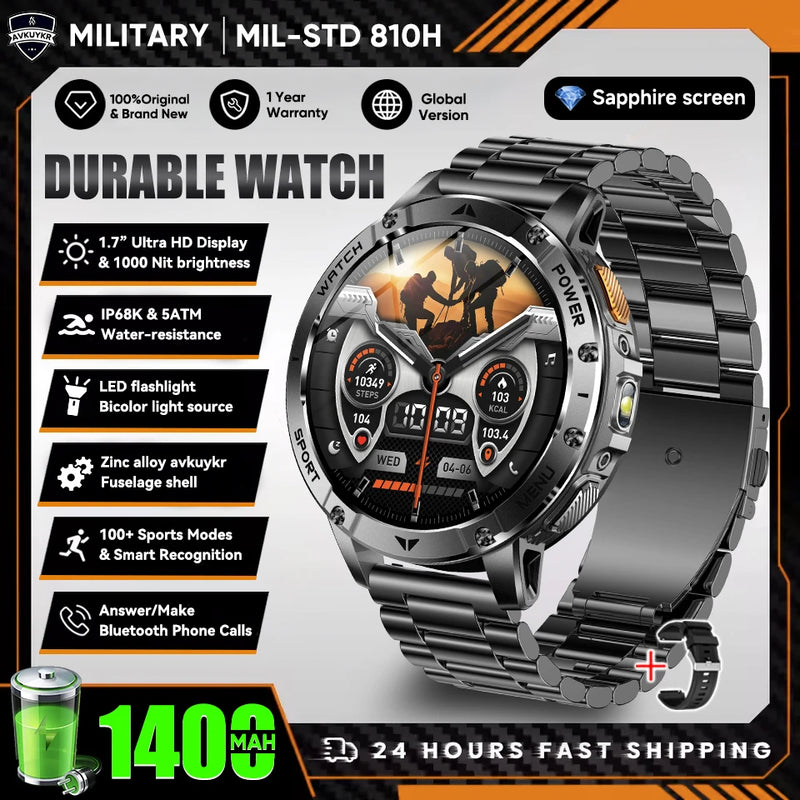 Military Grade Alloy Smartwatch 1400mAh Long Standby Waterproof SOS Emergency Flashlight BT Call Outdoor Sports Watch For Men