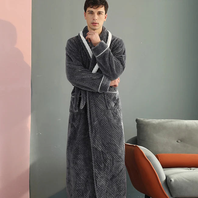 Large Size Flannel Men's Long Robe Kimono Gown Winter Thicken Sleepwear Loungewear Loose Coral Fleece Couple Pajama Home Clothes
