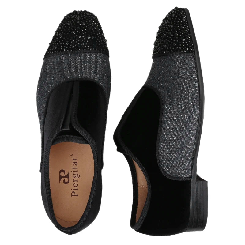 Piergitar Toe Cap Crystals Feature Luxurious Patchwork Velvet Oxfords Shoe Handmade Men Dress Shoes CL Same Red Sole Alpha Flats