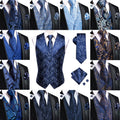 Hi-Tie Navy Blue Mens Vest Formal Paisley Waistcoat Jacket Tie Handkerchief Cufflinks Set For Male Dress Suit Wedding Party