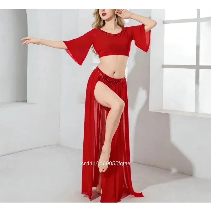Women Girls Belly Dance Costume Set 2 Piece Half Sleeve Top Long Tassel Skirt Professional Bellydance Training Performance Wear