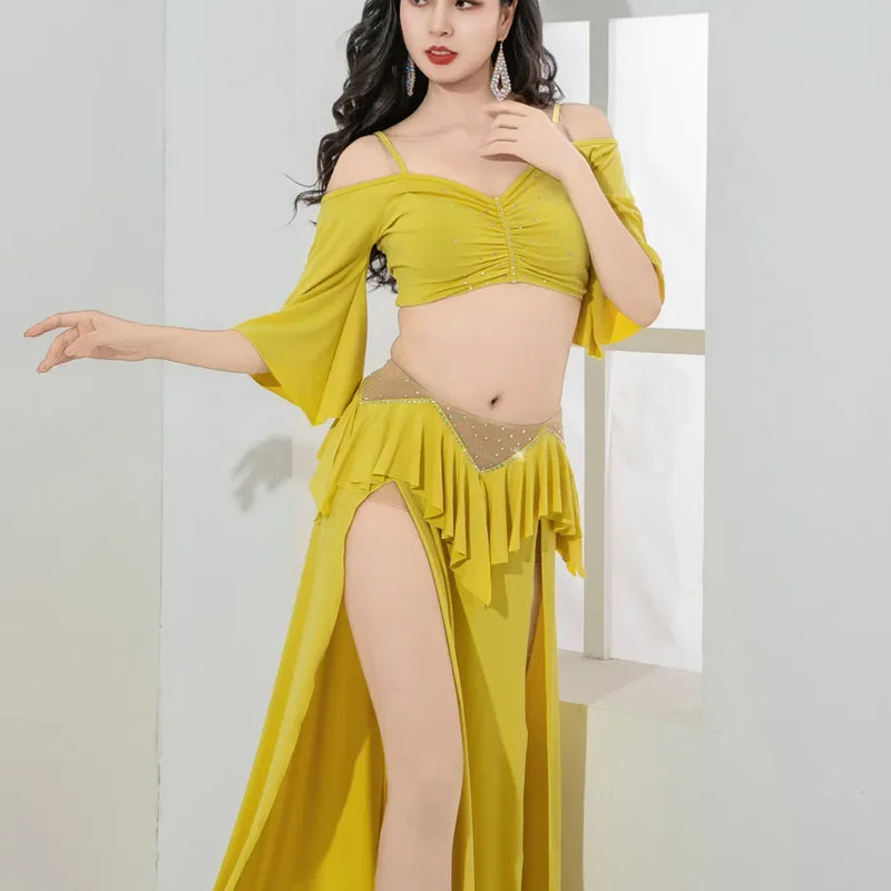 Women Girls Belly Dance Costume Set 2 Piece Half Sleeve Top Long Tassel Skirt Professional Bellydance Training Performance Wear