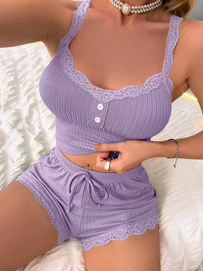 Women Sexy Pajama Set Ribbed Lace Trim Camisole | SAMAG