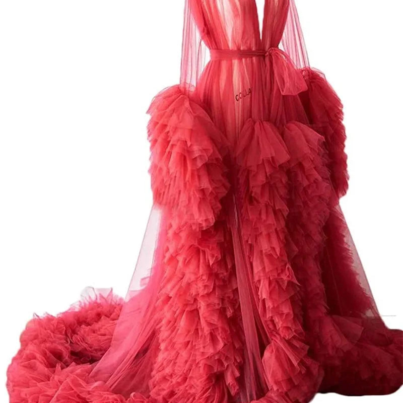 Women's Dressing Gown Perspective Sheer Long Tulle Robe Puffy Pregnancy Maternity Dress for Baby Shower Nightgown Sleepwear