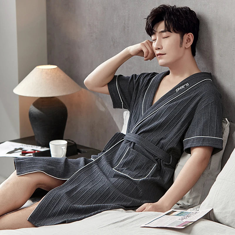 Fashion Bathrobe New Style Thin Cotton Knited Men Robes V Neck Mens Sexy Sleepwear Summer Male Kimono Short Sleeve Pajamas L-4XL