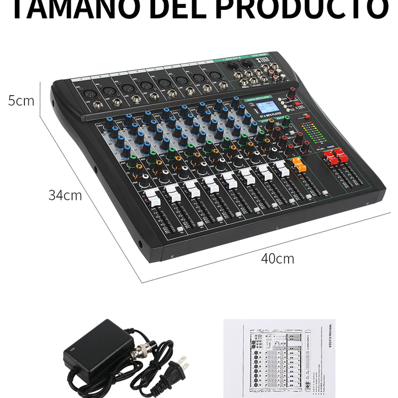Audio Mixer CT 8 Channel Sound Board Mixing Console Audio Interface PC USB Bluetooth Phantom Digital Effect DJ Live Studio Stage