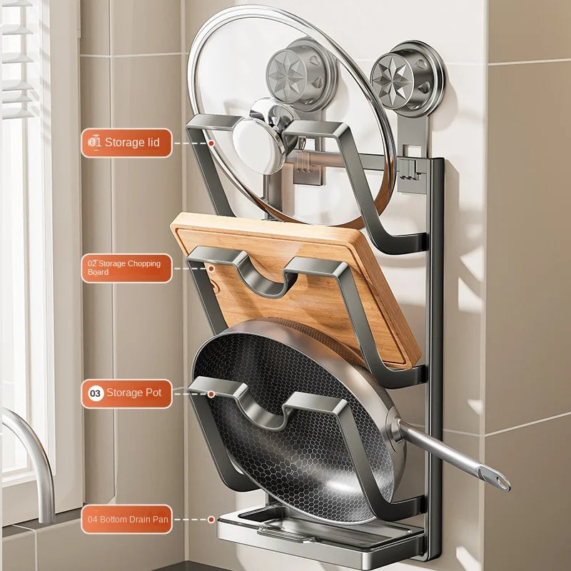 Suction cup pot cover holder, no drilling, multi-layer storage rack, wall-mounted kitchen shelf, multifunctional chopping board