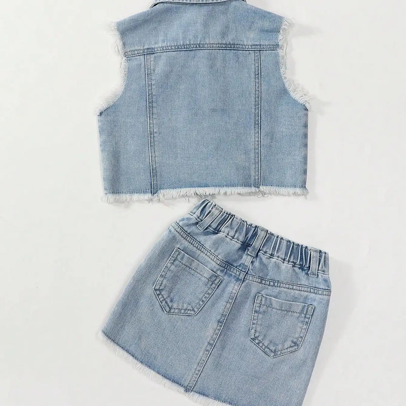 Girls Casual Style Sleeveless Top with Distressed Denim | SAMAG