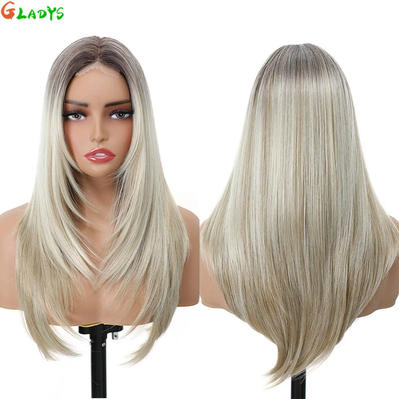 210g/pcs 180% Density Lace Wig 6-24-613 Color Middle Part Glueless Lace Wigs 24 Inch Ombre Blonde Synthetic Hair Daily Use Wigs