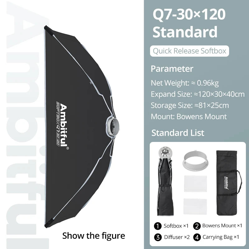 AMBITFUL 30x120cm 55cm 65cm 90cm One Touch Open Octagon/Rectangle Softbox Bowens Mount for Outdoor Studio Photography Side Wing