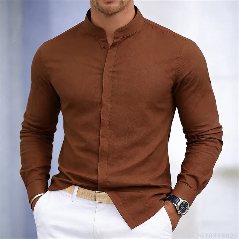 Men's stand-up collar white or black long-sleeved shirt | SAMAG