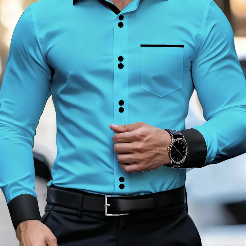 Men's Business Color Block Collar Long Sleeve Shirt, Slim | SAMAG