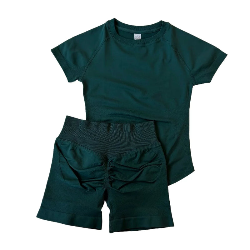 1-2 Pieces Sports Sets Short Sleeve Seamless Yoga Top Gym Suit T-shirt Set Fitness Set Women Workout Running Sports Shorts