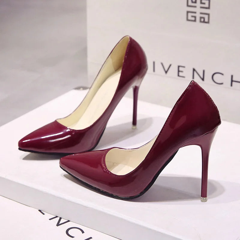 New women's Pumps Female Fashion Patent Leather Sexy Pointed Toe high heels Large size work shoes Wedding Shoes Size 44